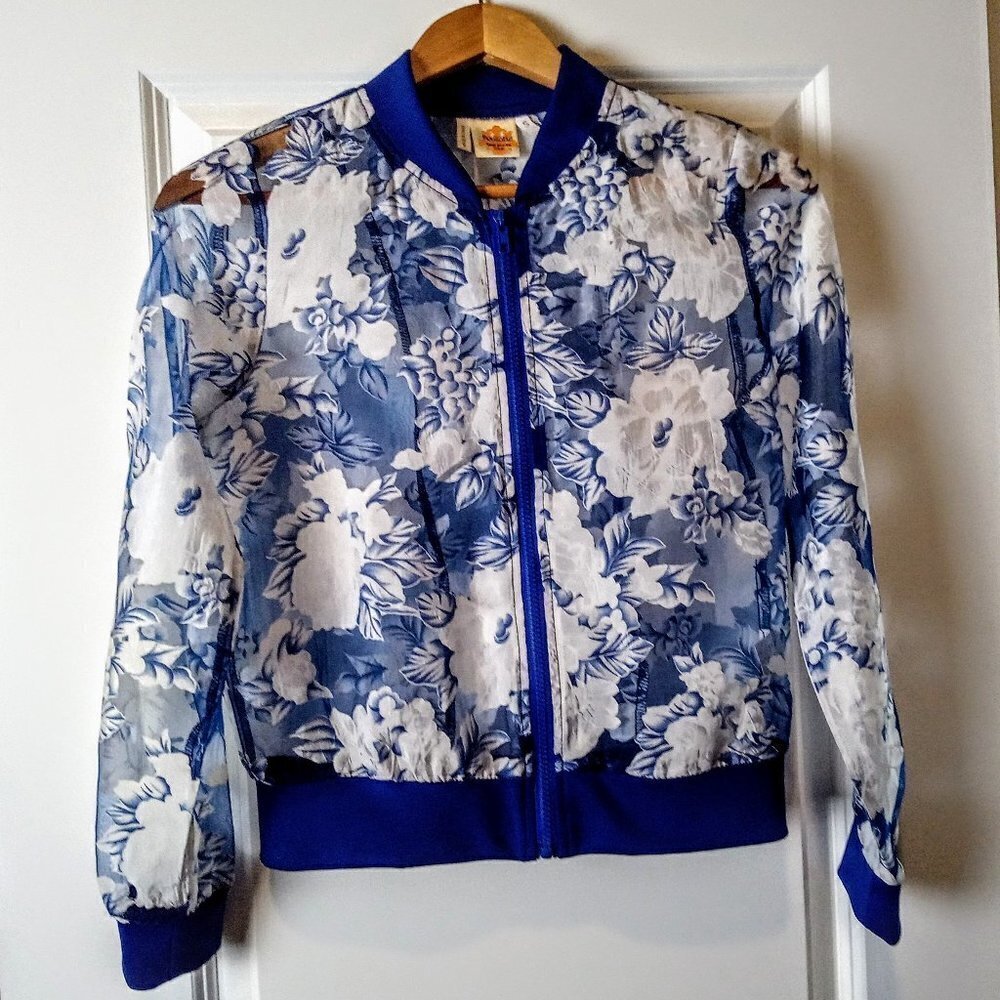 Available Sheer Blue White Floral Bomber Jacket